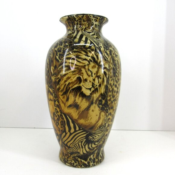 Ceramic African Safari Patchwork Vase Lions Leopards and Zebra 9 Inch Tall - Picture 4 of 7